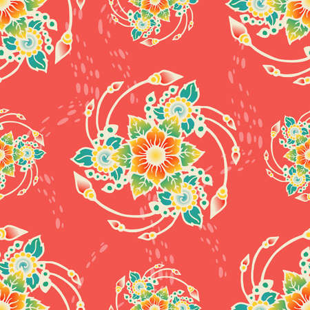 flower Three directions doodle tattoo seamless pattern with red green tone vector background Color gradation design digital printing fabricのイラスト素材