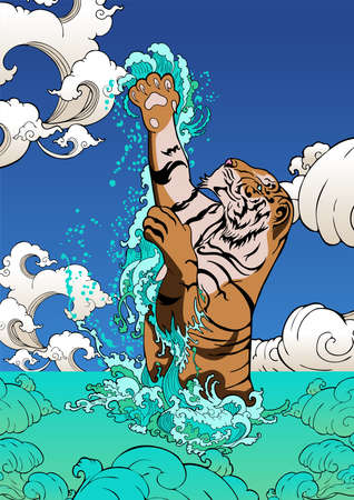 A tiger jumping from the splash water sea beach  illustration  painting doodle vector cartoon color background for digital printing poster paperのイラスト素材