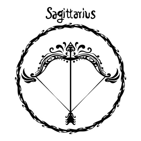 Sagittarius  zodiac sign design form illustration doodle drawing tattoo and  freehand typography style vector with white backgroundのイラスト素材