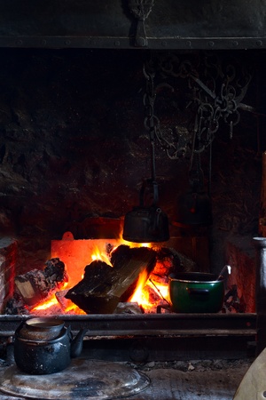 Fireplace with teapotsの写真素材