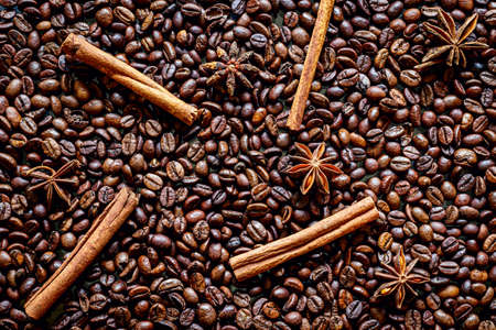Roasted coffee beans, background image, spices, cinnamon, corianderの写真素材