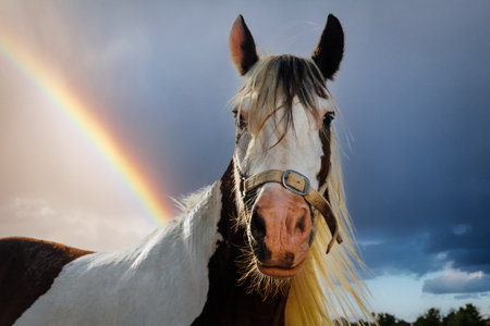 Horse, sunny portrait, red mane, light color. Rainbow in the background.の写真素材
