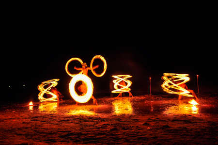 Amazing Fire Show at night on Khoa chang Island, Thailandの写真素材