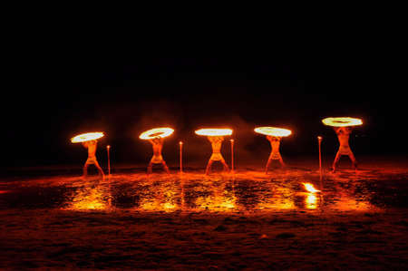 Amazing Fire Show at night on Khoa chang Island, Thailandの写真素材
