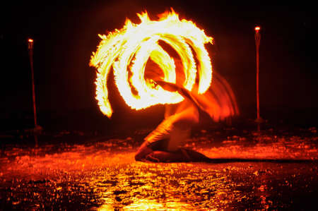 Amazing Fire Show at night on Khoa chang Island, Thailandの写真素材