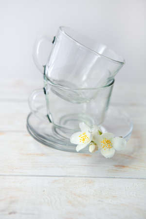 Still life details, cup of tea on on white wooden table.selective focusの写真素材
