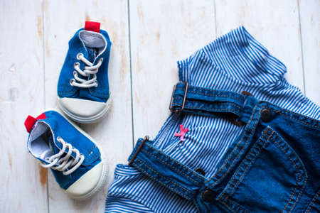 top view fashion trendy look of baby clothes and toy stuff, fashion conceptの写真素材