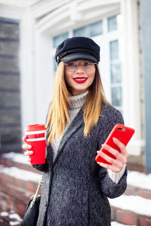 Portrait of young charming woman wearing fashionable glasses, business lady in elegant jacket , cute...
