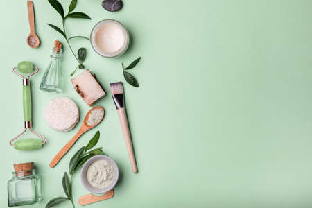 Spa beauty products for body and face home skin care, view from above on various spa treatment stuff, flat lay, space for a textの写真素材