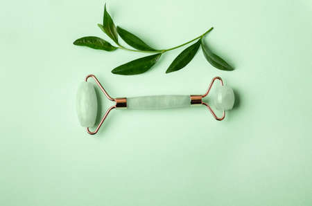 green quartz facial massage roller over light green background with green leaves. Facial massager with jade stone, anti-aging, anti-wrinkle beauty skincare tool.の写真素材
