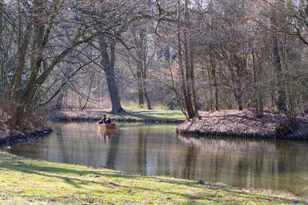 Boat trip on a river in springの写真素材