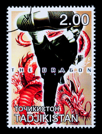 TADJIKISTAN - CIRCA 2000: A postage stamp printed in Tadjikistan showing Bruce Lee, circa 2000のeditorial素材
