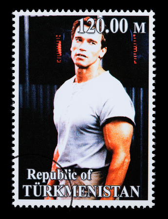 REPUBLIC OF TURKMENISTAN - CIRCA 2005: A postage stamp printed in Turkmenistan showing  Arnold Schwarzenegger, circa 2005のeditorial素材