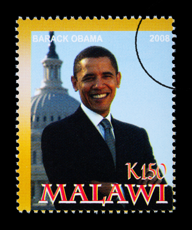 MALAWI - CIRCA 2008: A postage stamp printed in Malawi showing Barack Obama, circa 2008のeditorial素材