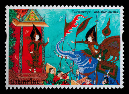Thailand - Circa 1997: A Thai postage stamp printed in Thailand of a mural depicting traditional Thai cultureのeditorial素材