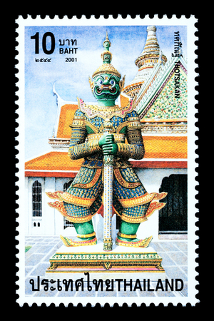 Thailand - Circa 2001: A Thai postage stamp printed in Thailand depicting a traditional Thai Buddhist temple statueのeditorial素材