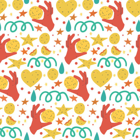 Funny cookie seamless pattern. Party, celebration design element. Colorful wrapping paper or background.のイラスト素材