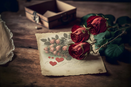 Beautiful vintage valentine hand drawn letter with roses on the wood tableの素材