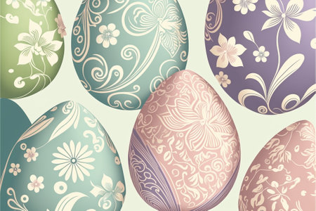 Background pattern with easter eggs with flower ornaments and pastel colorsの素材