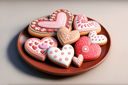 Beautiful Valentines decorated heart cookies on a red plateの素材