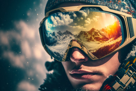 Snowboarder portrait wearing snow goggles with sunny mountains reflectionの素材