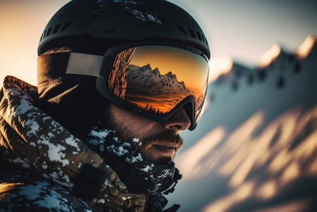 Snowboarder portrait wearing snow goggles with mountains reflectionの素材