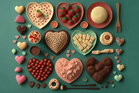 Knolling layout valentines dishes with strawberries and chocolates on platesの素材