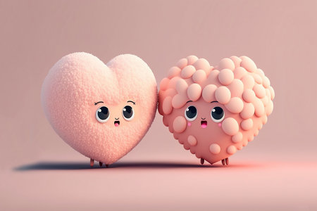 Two Cute fluffy hearts in love. kawaii 3d characters on pink background Generative AIの素材