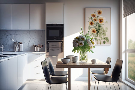 Minimalist and modern kitchen in soft earthy tones with a bouquet of flowers on a wooden tableの素材