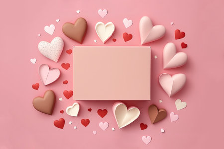 Saint Valentine day background with hearts and empty card on a pink backgroundの素材