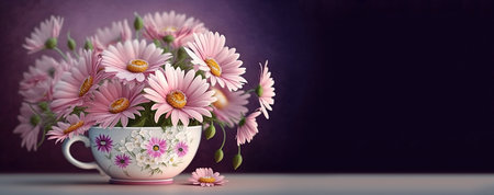 Bouquet of beautiful English daisy flowers in a cup with copy spaceの素材