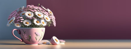 Bouquet of beautiful English daisy in pink ornate cup and copy spaceの素材