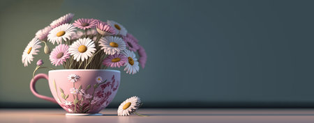 Bouquet of beautiful English daisy in pink cup and copy spaceの素材