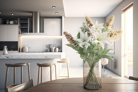 Minimalist modern open plan kitchen with high chairs and bouquet of white flowersの素材