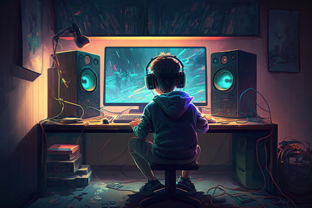 Gamer Boy sitting in front of the computerの素材