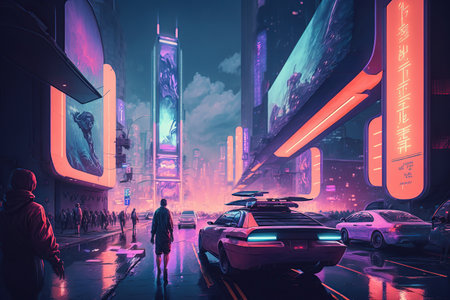 Digital futuristic city inside the metaverse with neon lights. Cyberpunk styleの素材