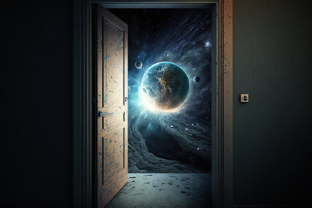 A room with a door leading to spaceの素材