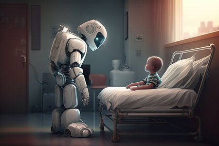 Small white domestic robot caring for a child in the hospitalの素材