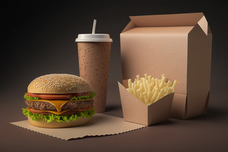 Still life mockup cardboard packaging of hamburger, fries and drinkの素材
