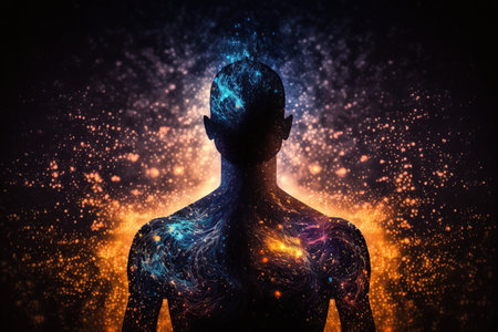 Astral person silhouette giving off spiritual energy. Connection with spiritual worldの素材