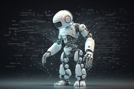 white smart robot robot assistant with text lines, artificial intelligence, chat bot, chat gptの素材