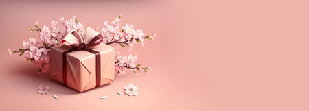 Cherry blossom branches and a gift wrapped with a bow on pink backgroundの素材