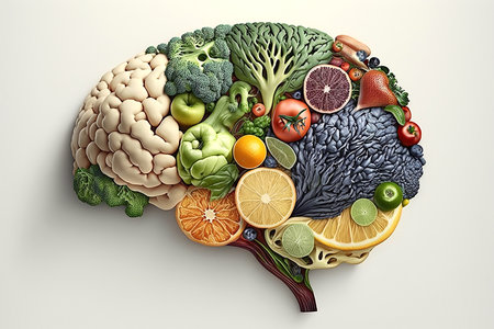 Human brain made of vegetables and fruits on white backgroundの素材