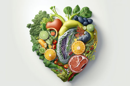 Human heart made of vegetables and fruits on white backgroundの素材