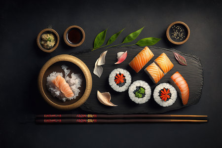 Top view of a dark board with several pieces of sushiの素材