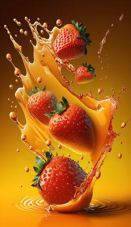 Strawberries falling mixing with a big stream of juiceの素材