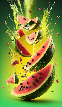 Watermelon slices falling mixing with a big stream of juiceの素材