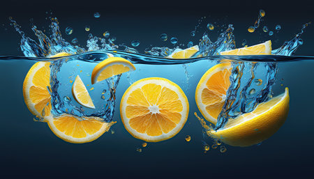 Yellow lemon slices falling and splashing on blue waterの素材