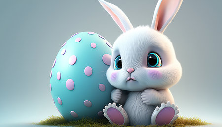 Cartoon 3D animated baby lovely Easter bunny with big easter eggの素材
