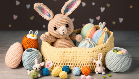 Baby lovely crochet Easter bunny in basket with many easter eggs and bunniesの素材